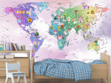Peel and Stick Vinyl Wallpaper Rainbow-Colored Kids' World Map Mural – Interactive Print for Kids' Room