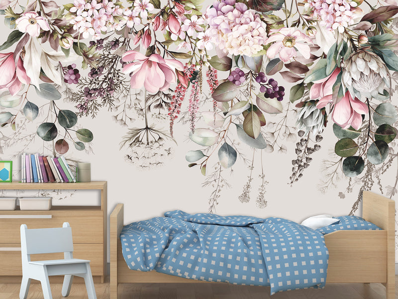 Floral Print Non-Woven Wallpaper – "Delicate Pink and White Flowers", Stylish Wall Mural for Home Interior