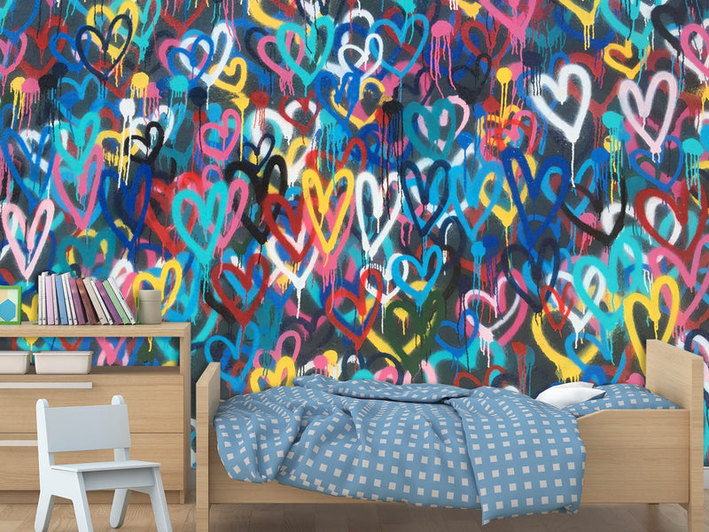 Non-Woven Wall Mural 3D Graffiti Wallpaper “Colorful Hearts” – For Accent Wall in Bedroom, Kitchen, or Living Room