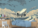 Full Wall Traditional Wallpaper For Office, Home Workspace, Or Studio "Aircraft Flying In The Sky Over Mountains" Comic Style