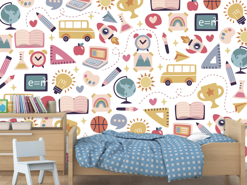 Peel & Stick Mural Full Wall Print For Kids Room "School-Themed Collage" Design for Kids' Study Area