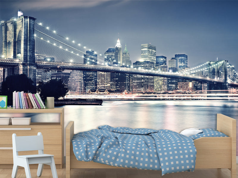Traditional Wallpaper "Brooklyn bridge at night" New York city – Wall art Wall Mural for Bedroom Kitchen & Living Room