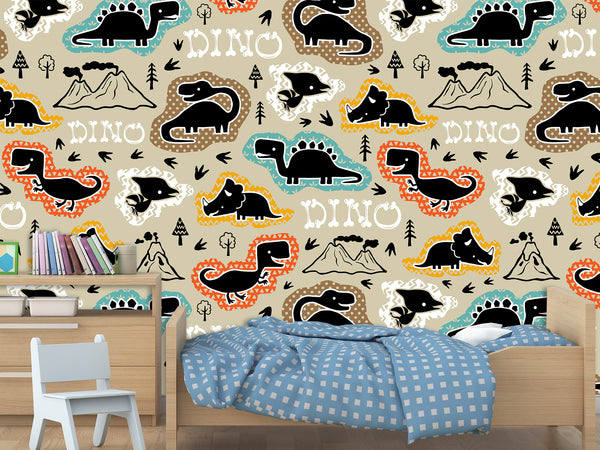 Dino Print Vinyl Peel and Stick Mural For Teen Room, Statement Wall In Office Or Workout Zone "Various Dinosaurs"