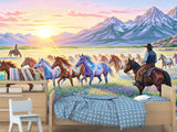 Wild West Art — Non-Woven Mural, Cowboys Watching a Herd of Horses, Wall Print for Office or Living Room