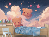 Cartoon Background Peel and Stick Mural For Kids Room Or Nursery "Cute Teddy Bears Among Stars On Clouds"