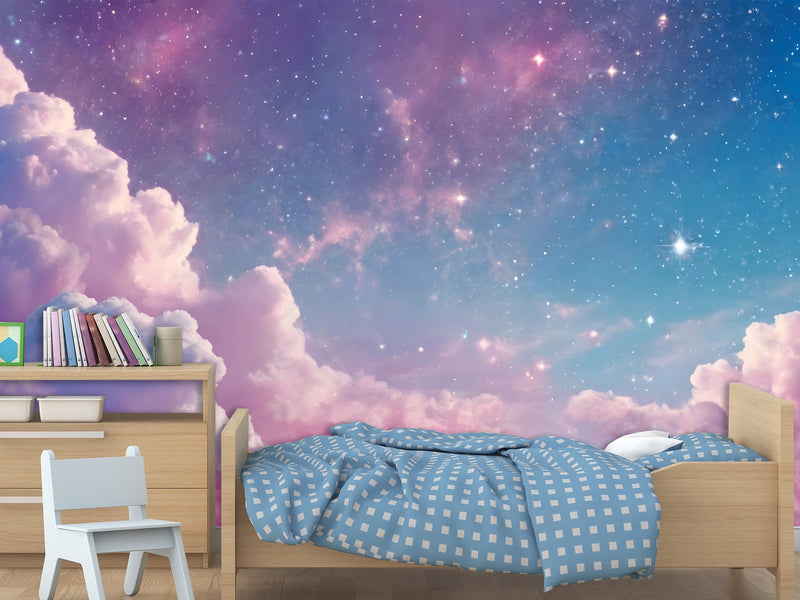 Fairy Tale Self-Adhesive Wallpaper For Kids, Artistic Style Wall Mural Design "Purple Pink Starry Sky" ✨