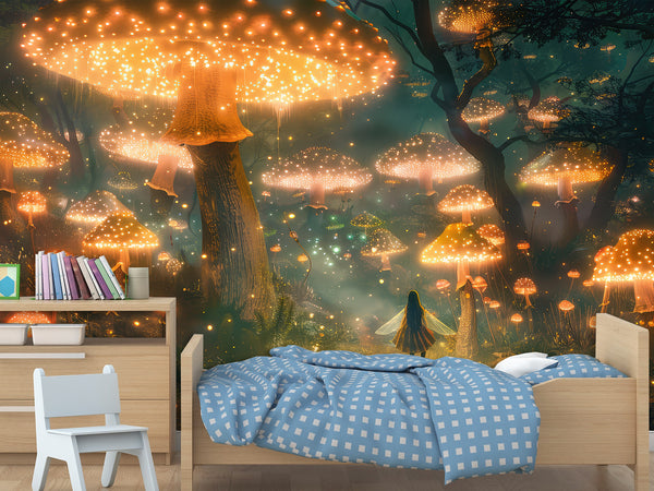 Eco Non-Woven Mural for Kids Room Full Wall "Fairy in a Magical Mushroom Forest"