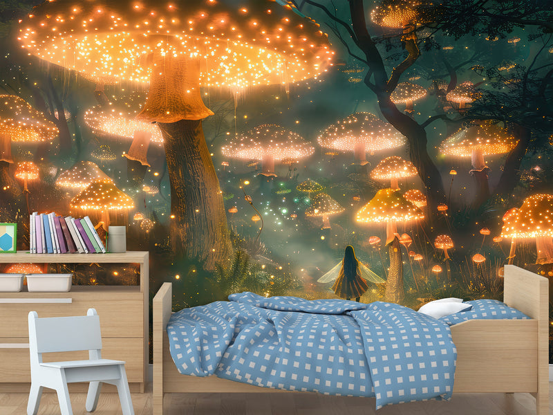 Eco Non-Woven Mural for Kids Room Full Wall "Fairy in a Magical Mushroom Forest"