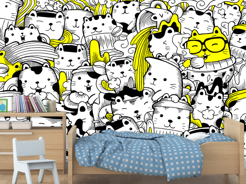 Peel & Stick Wall Mural for Office or Bedroom, Kids Room  – 'Busy Cats' Unique Wall Print