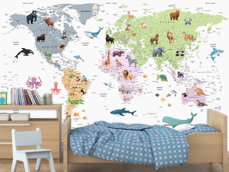 Self-Adhesive Full Wall Kids' World Map Wallpaper – Soft Colors for Kids' Room & Playroom