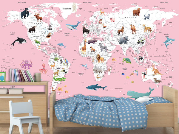 Print for Kids' Room Full Wall Self-Adhesive Wallpaper – Kids' World Map on Pink Background