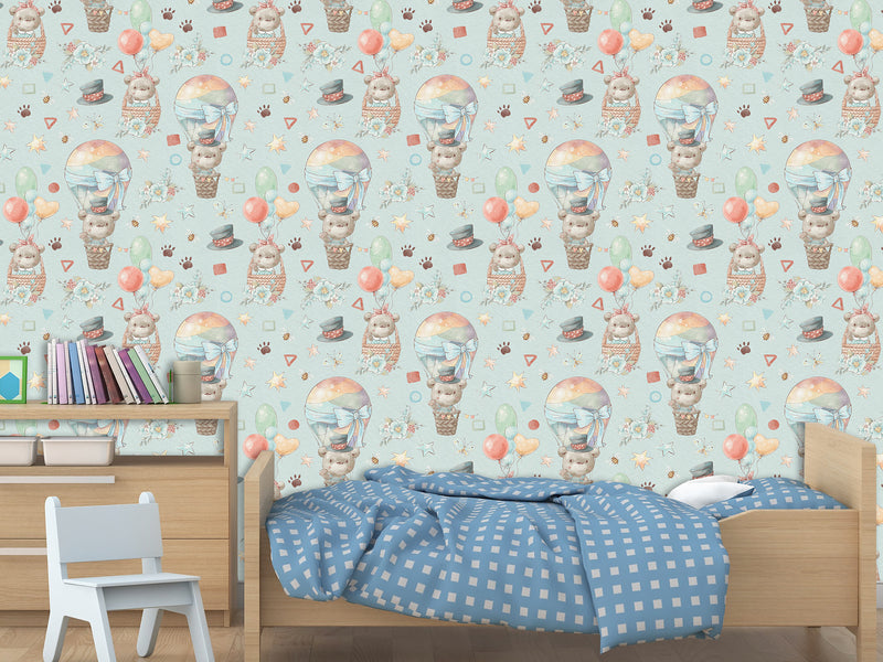 Peel and Stick Full Wall Mural Teddy Bear Hot Air Balloon Ride for Kids Room/Toddler Room