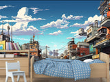 Modern Self-Adhesive Wallpaper – "Anime-Style City" Art Design for Bedroom or Living Room