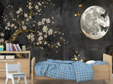 Non-Woven Mural Art Accent Wall For Bedroom, Lounge Area "Golden Plum Tree In Moonlit Night – Mural Background"