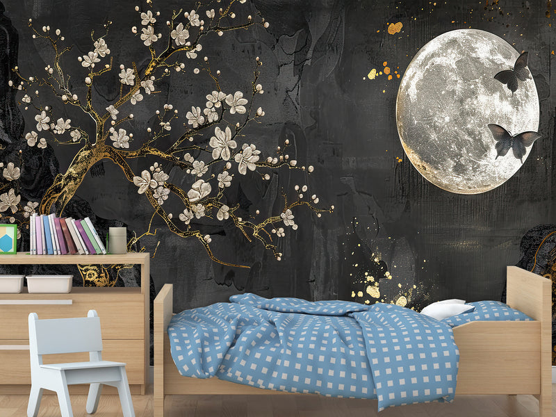 Non-Woven Mural Art Accent Wall For Bedroom, Lounge Area "Golden Plum Tree In Moonlit Night – Mural Background"