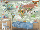 Non-Woven Mural 3D Effect Kids' World Map Wallpaper with Funny Animals – Wall Mural for Children’s Room