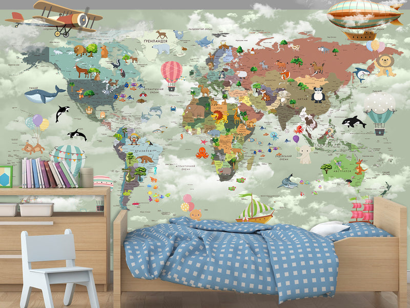 Non-Woven Mural 3D Effect Kids' World Map Wallpaper with Funny Animals – Wall Mural for Children’s Room