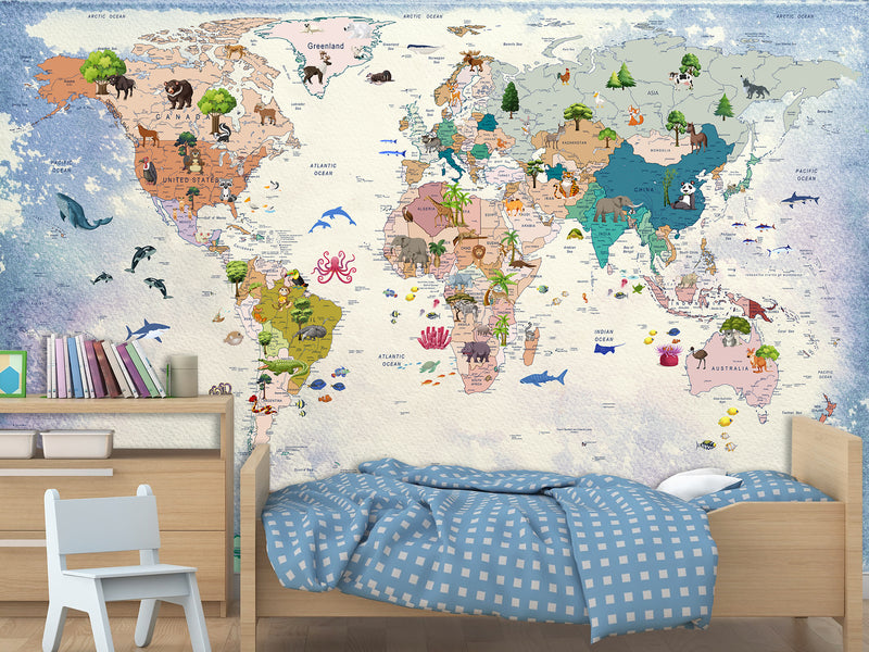 Self-Adhesive Mural For Kids Room Interactive World Map For Children Full Wall