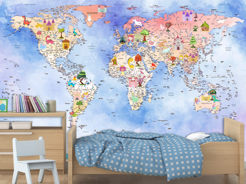 Peel and Stick Vinyl Wallpaper Magical World Map Mural for Kids – Interactive & Educational