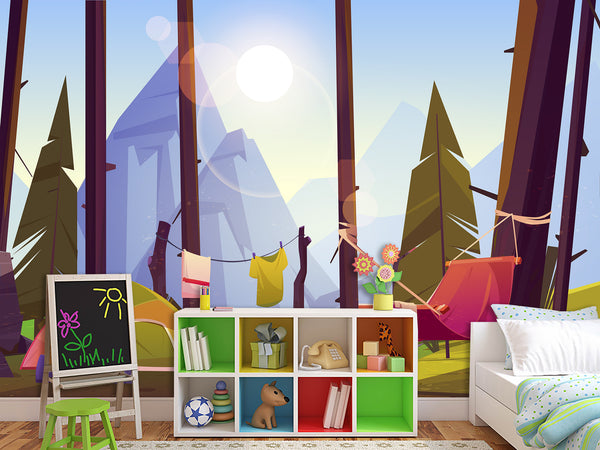 Non-Wowen Wallpaper Wallpaper For Toddlers – Camping In The Forest Cartoon-Style Kids Room Decor