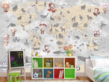 Decor for Kids room, Non-Woven Mural Wall-Sized Wallpaper "Kids' World Map With Hidden Animals"