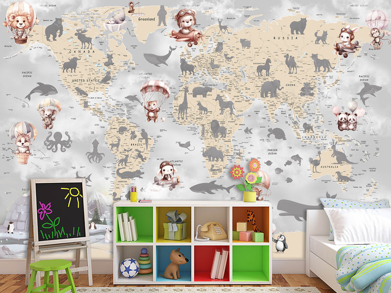 Decor for Kids room, Non-Woven Mural Wall-Sized Wallpaper "Kids' World Map With Hidden Animals"