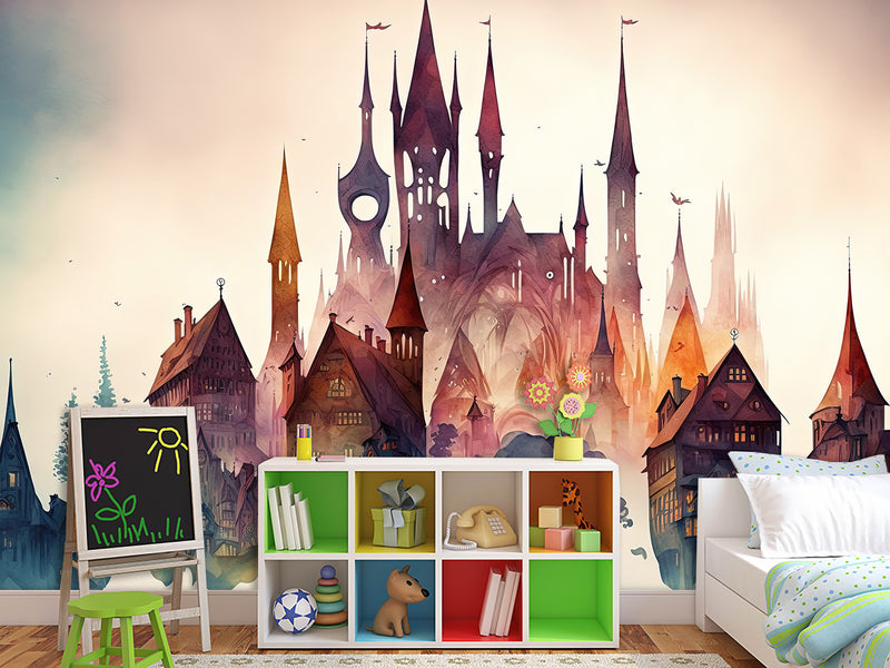 Peel and Stick Wall Mural Art Decor for Kids' Room or Playroom – Fairy Tale Town on a Hill