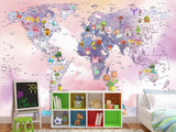 Self-Adhesive Kids Wallpaper World Map In Purple And Pink Mural – Art Decor For Magical Kids' Room