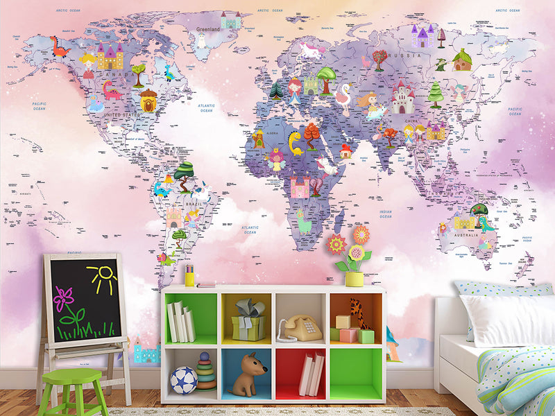 Self-Adhesive Kids Wallpaper World Map In Purple And Pink Mural – Art Decor For Magical Kids' Room
