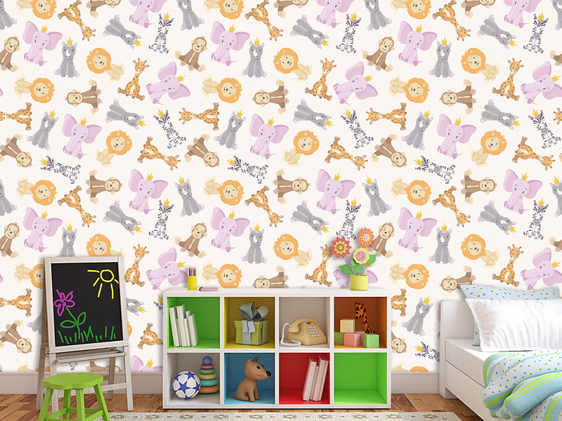 Baby Savannah Animals Self-Adhesive Wallpaper For Kids Room, Print With Lions, Elephants, Giraffes, And Monkeys