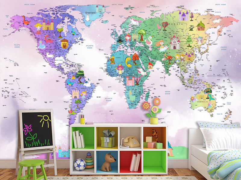 Peel and Stick Vinyl Wallpaper Rainbow-Colored Kids' World Map Mural – Interactive Print for Kids' Room