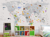 Peel and Stick Vinyl Wallpaper Minimalist Kids' World Map Mural in Grey – Wall Mural for Children’s Room