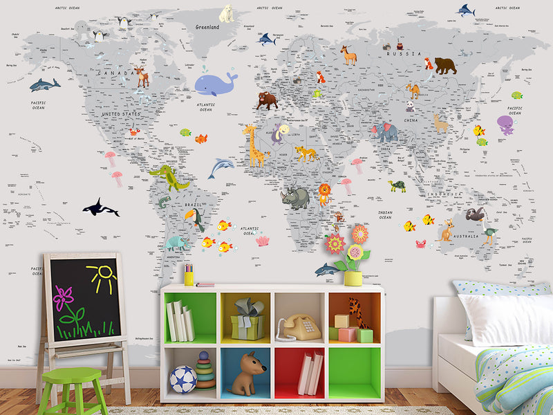 Peel and Stick Vinyl Wallpaper Minimalist Kids' World Map Mural in Grey – Wall Mural for Children’s Room