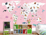 Print for Kids' Room Full Wall Self-Adhesive Wallpaper – Kids' World Map on Pink Background