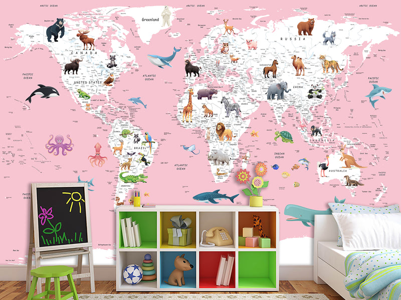 Print for Kids' Room Full Wall Self-Adhesive Wallpaper – Kids' World Map on Pink Background