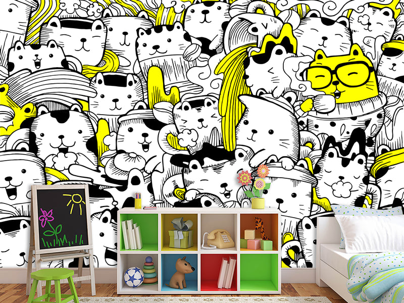 Peel & Stick Wall Mural for Office or Bedroom, Kids Room  – 'Busy Cats' Unique Wall Print