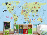 Self-Adhesive Kids' Wall Mural Full Size – Green World Map Design on Sky Blue Background