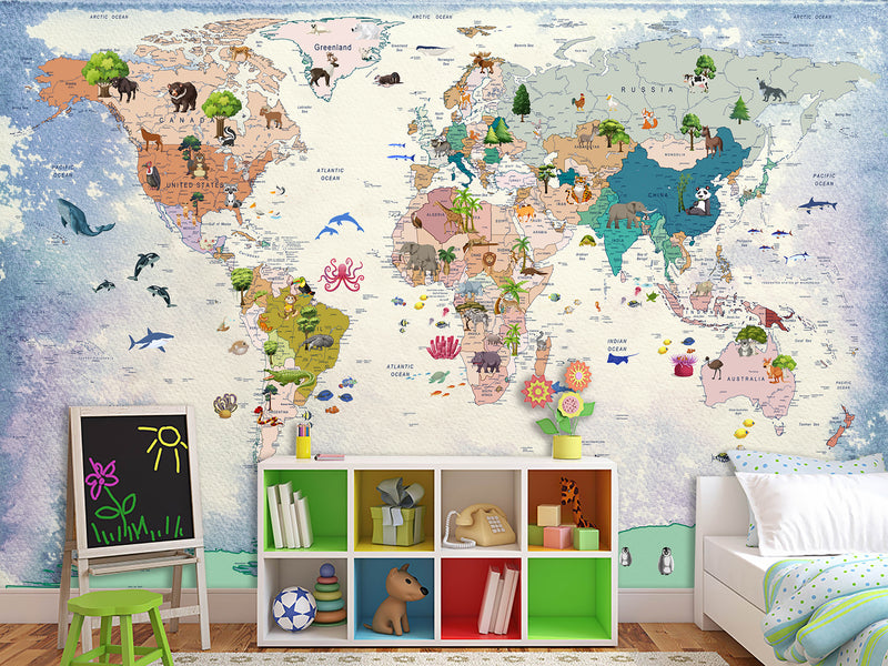 Decor for Kids room, Vinyl Wallpaper Peel and Stick with the pattern “Kids map of the world”