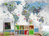 Full Wall Print For Kids Room – Peel and Stick Vinyl Mural Kids World Map With Animals