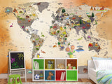 Non-Woven Mural 3D Effect Kids' World Map Wallpaper with Dinosaurs – Wall Mural for Children’s Room