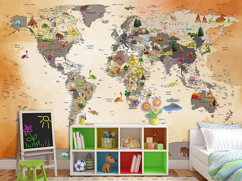Non-Woven Mural 3D Effect Kids' World Map Wallpaper with Dinosaurs – Wall Mural for Children’s Room