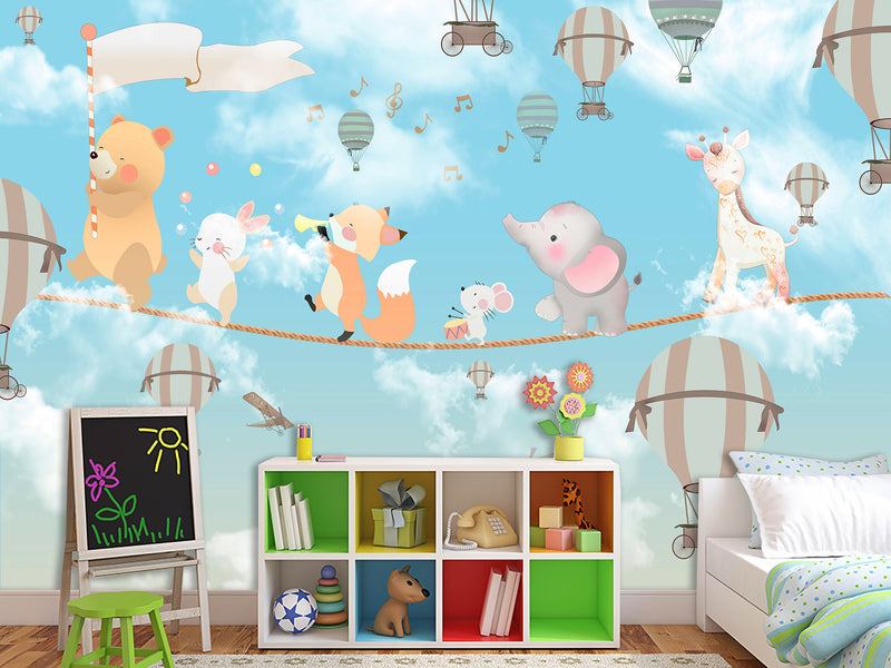 Non-Woven Photo Wallpaper for Kids' Room Circus Animals on a Rope Soft & Gentle Design