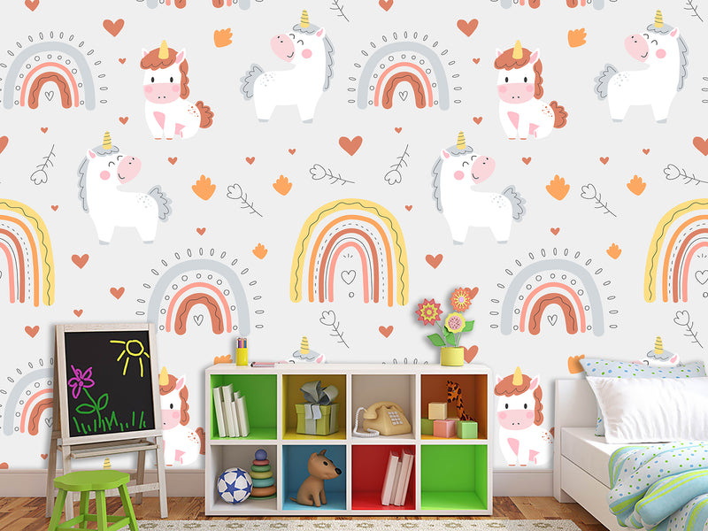 Peel and stick mural on the wall for the kid room Rainbow Unicorn Wallpaper for Kids – Cute & Magical Tots Wall Design