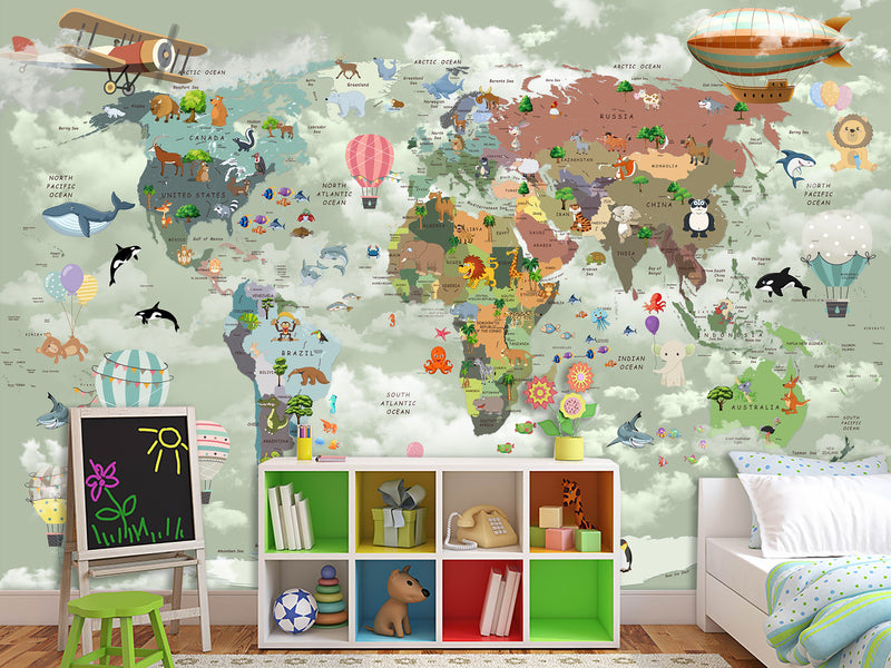 Decor for Kids room, Peel and Stick Oracal film with the pattern “Kids map of the world”