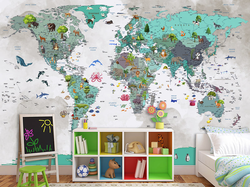 Non-Woven Wallpaper Full Wall Mural Kids World Map Wallpaper – Educational & Colorful Wall Decor