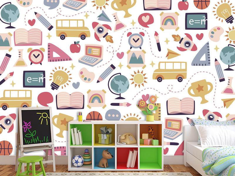Peel & Stick Mural Full Wall Print For Kids Room "School-Themed Collage" Design for Kids' Study Area