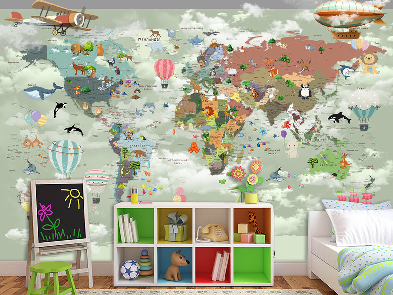 Non-Woven Mural 3D Effect Kids' World Map Wallpaper with Funny Animals – Wall Mural for Children’s Room