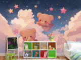 Cartoon Background Peel and Stick Mural For Kids Room Or Nursery "Cute Teddy Bears Among Stars On Clouds"