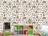 Modern Non-Woven Wallpaper — Educational School Wallpaper for Kids "Backpacks, Globes, and Books Print"