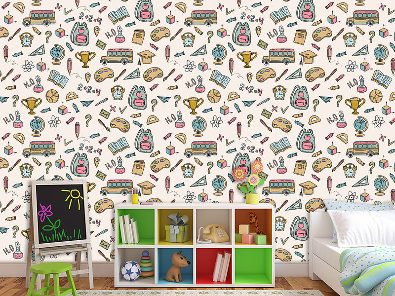 Modern Non-Woven Wallpaper — Educational School Wallpaper for Kids "Backpacks, Globes, and Books Print"